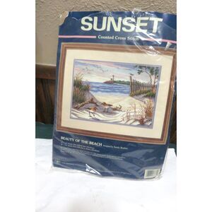 Vintage 1997 SUNSET "Beauty of the Beach" Counted Cross Stitch Kit #13634 w/hoop